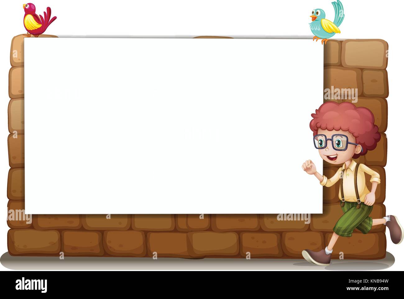 Illustration of a white board, a boy and birds on a white background ...
