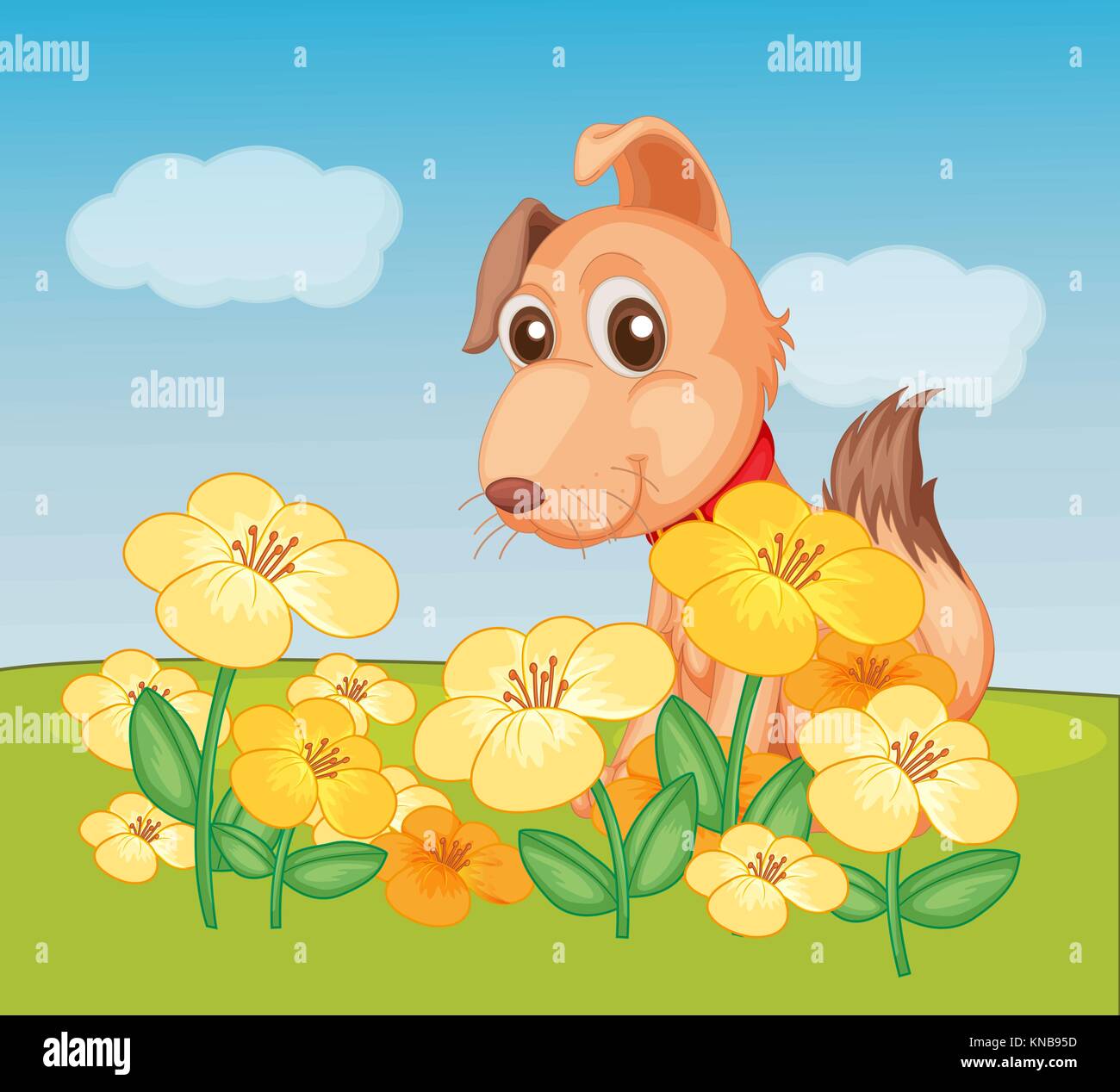 Illustration of a dog and flower plant in a beautiful nature Stock Vector