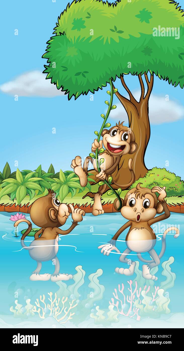 Illustration of three monkeys playing Stock Vector