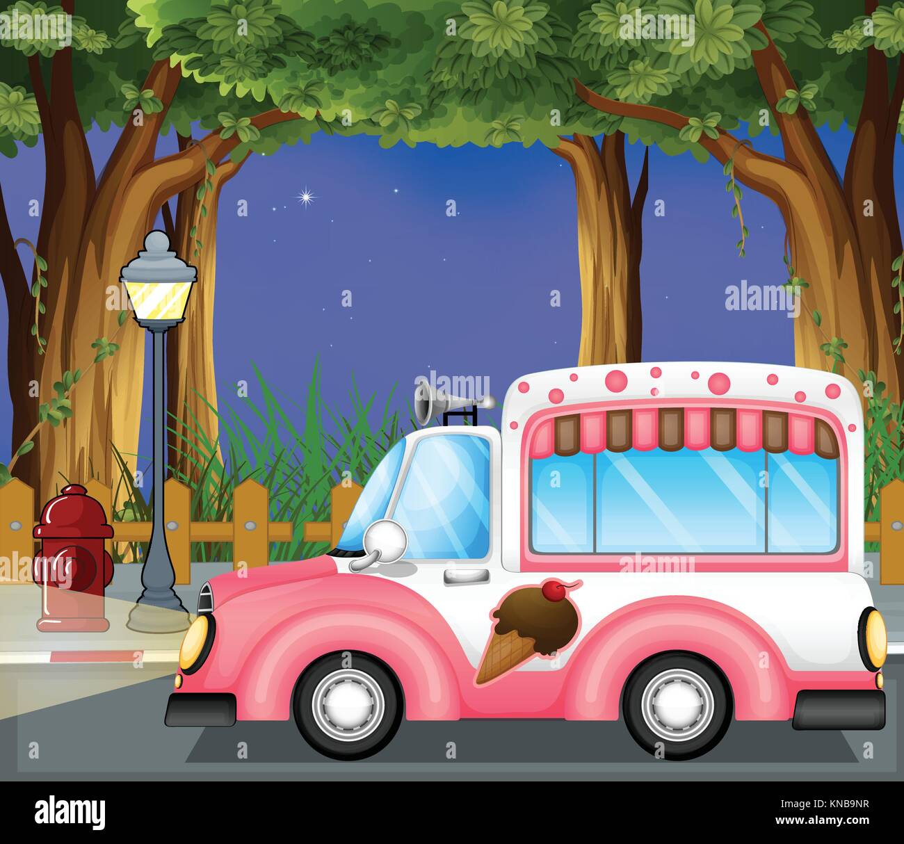 Illustration of a pink ice cream car in the street Stock Vector