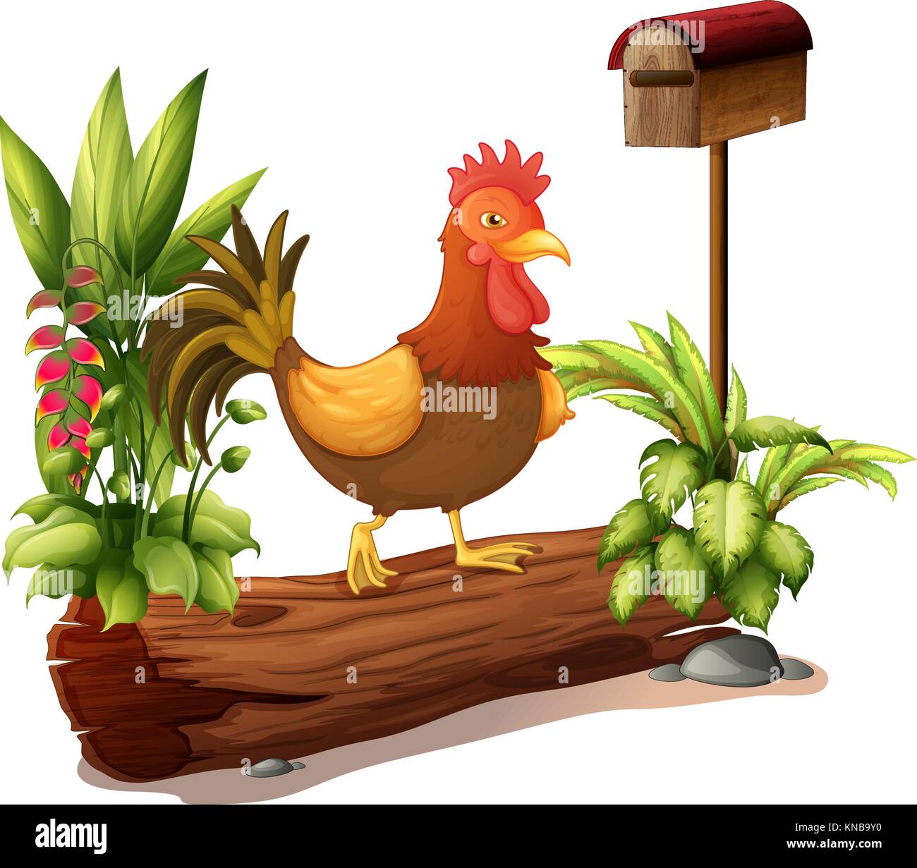 Illustration of a rooster above a trunk on a white background Stock Vector
