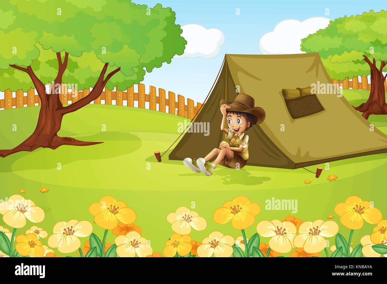 Illustration of a boy and camping tent in a beautiful nature Stock ...