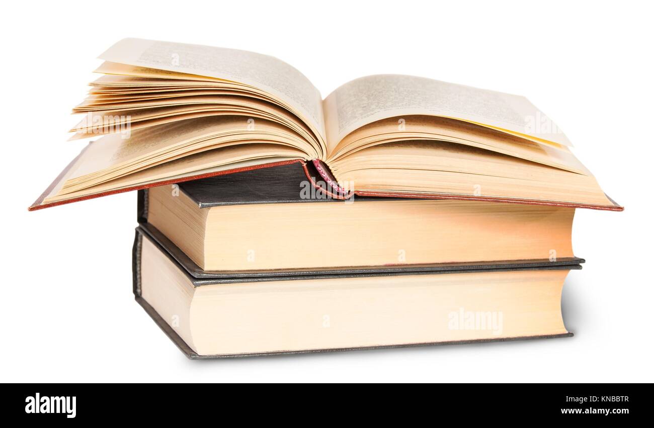 Vector hand draw open book lying on high stack of books isolated