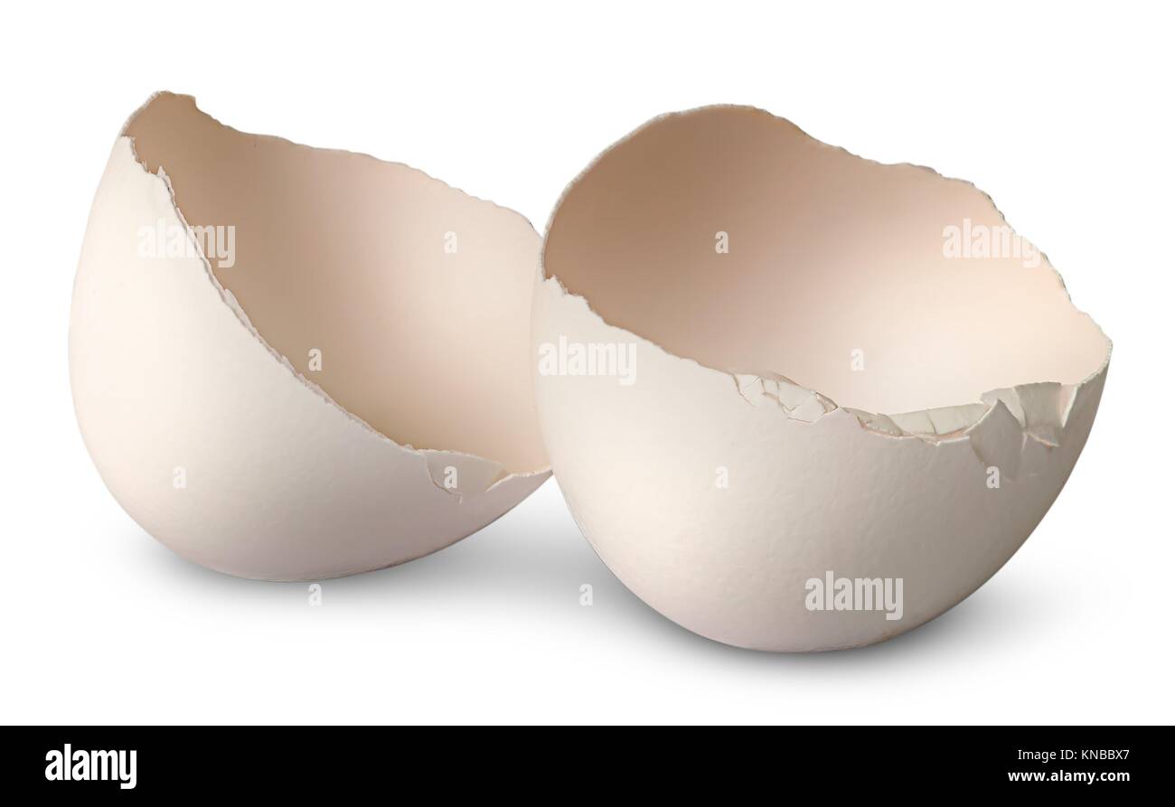 Two halves from crashed egg isolated on white background Stock Photo