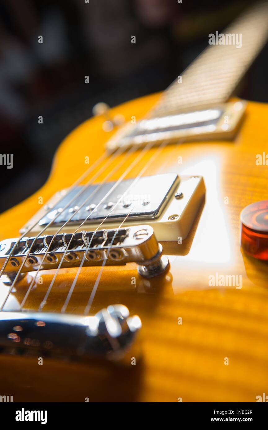 Close up of an electric guitar bridge in vintage effect Stock Photo Alamy