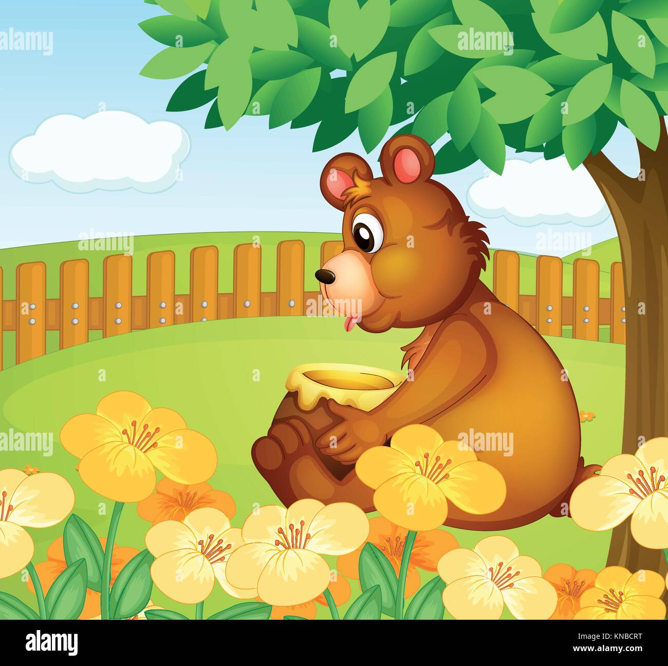 Illustration of a bear sitting in a beautiful garden Stock Vector Image