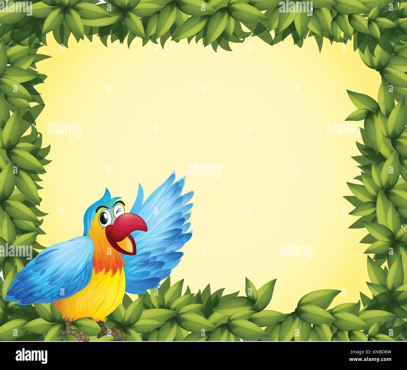 Illustration of a colorful parrot and the green leafy frame Stock Vector