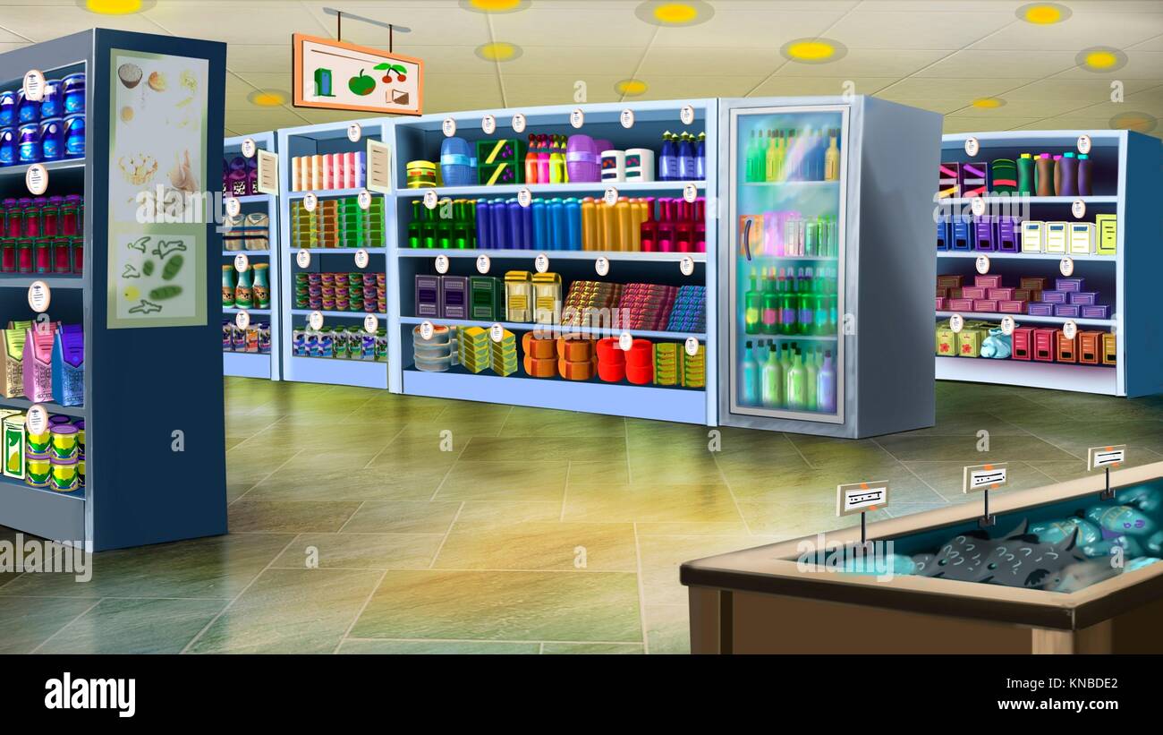 Digital painting of the supermarket interior with shelves full of goods