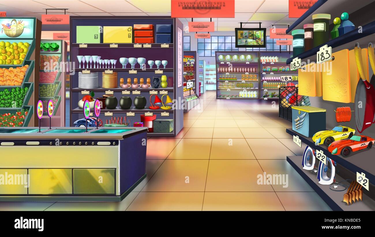 Digital painting of the supermarket interior with shelves full of goods