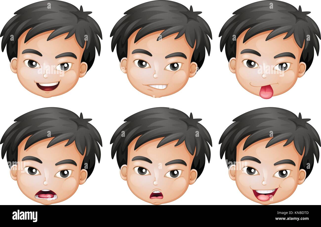Illustration of faces of a boy on a white background Stock Vector