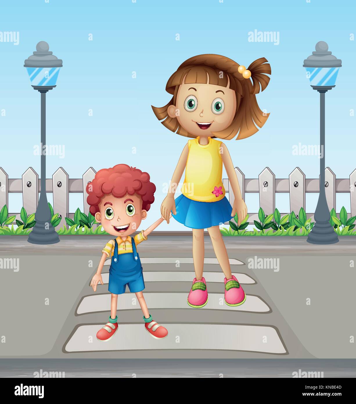 Illustration of a little child and a girl crossing the pedestrian Stock Vector