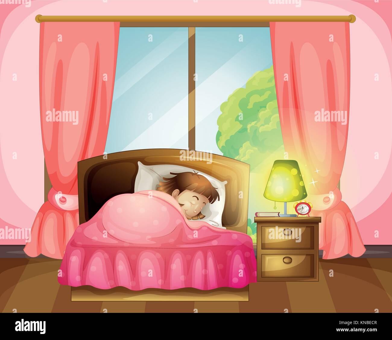 Illustration of a sleeping girl on a bed in a room Stock Vector Image