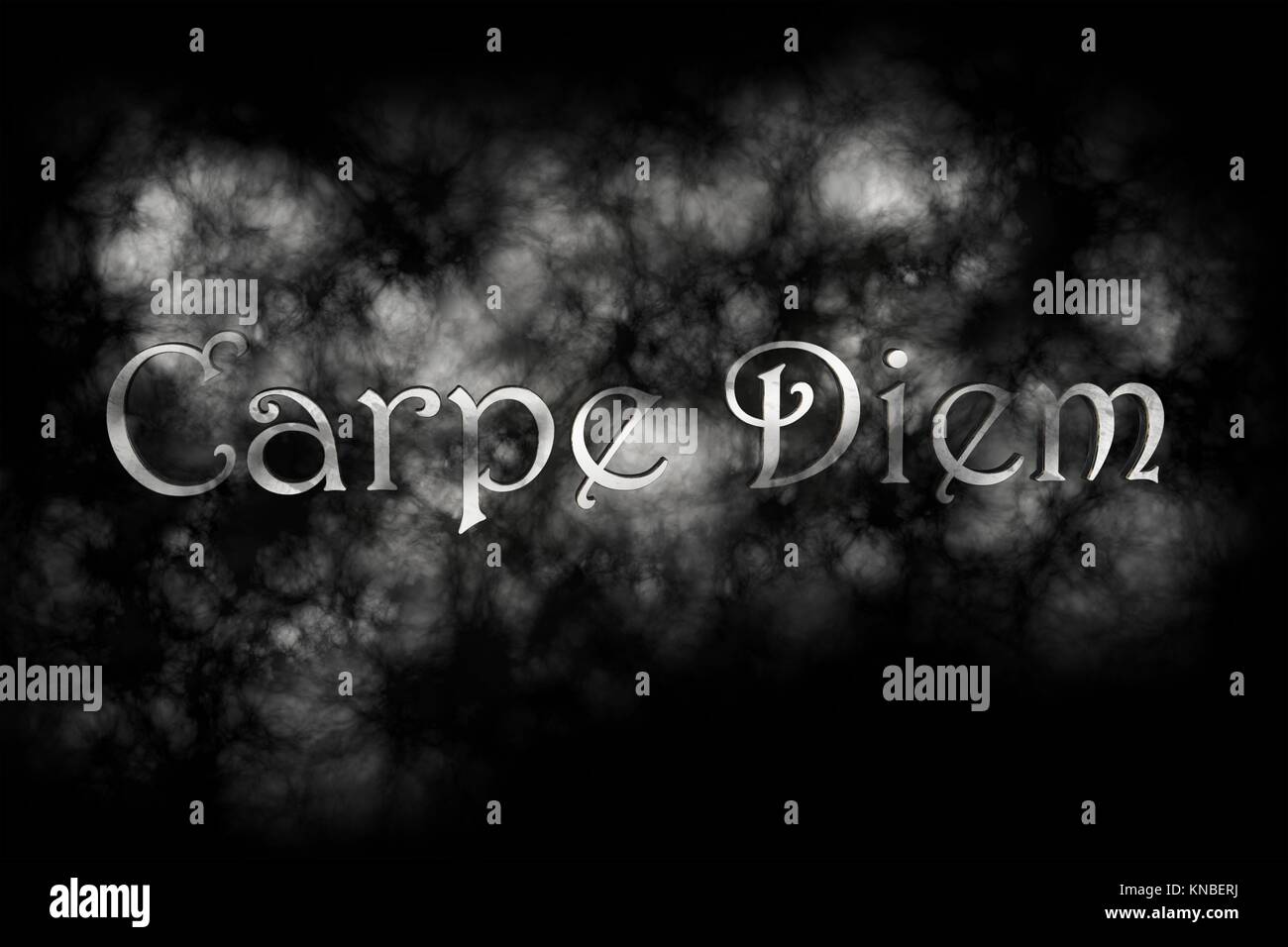 Carpe diem 3D Render- latin phrase that means Capture the moment on black background with white smoke. Stock Photo