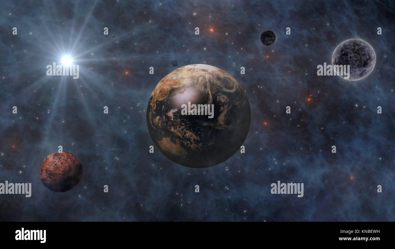 Planet Earth, The Sun, The Moon and Planets In Space 3D Rendering. Stock Photo