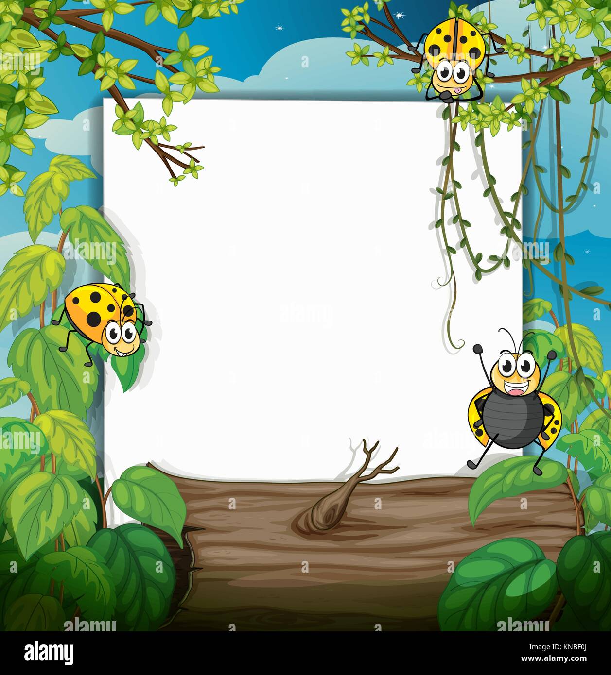 Illustration of ladybugs and a white board in a beautiful nature Stock ...