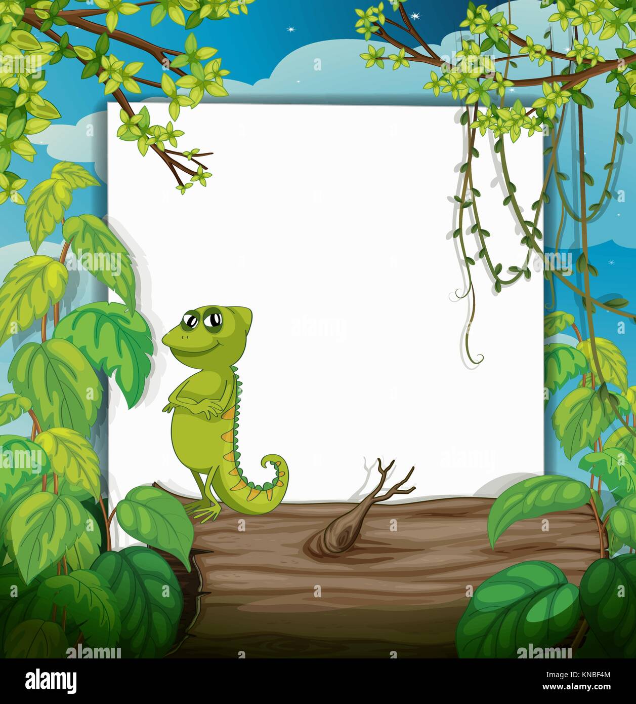 Illustration of a smiling chameleons and a white board in a beautiful nature Stock Vector