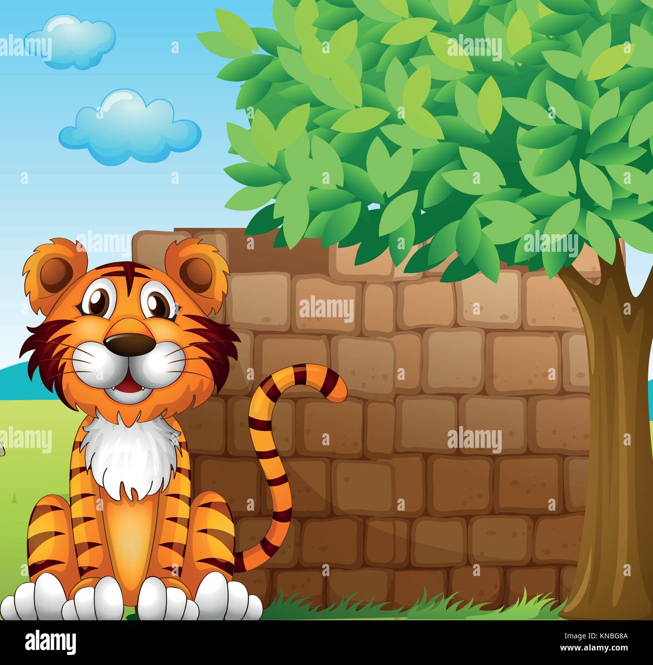 Illustration of a tiger at the left side of a brick wall Stock Vector