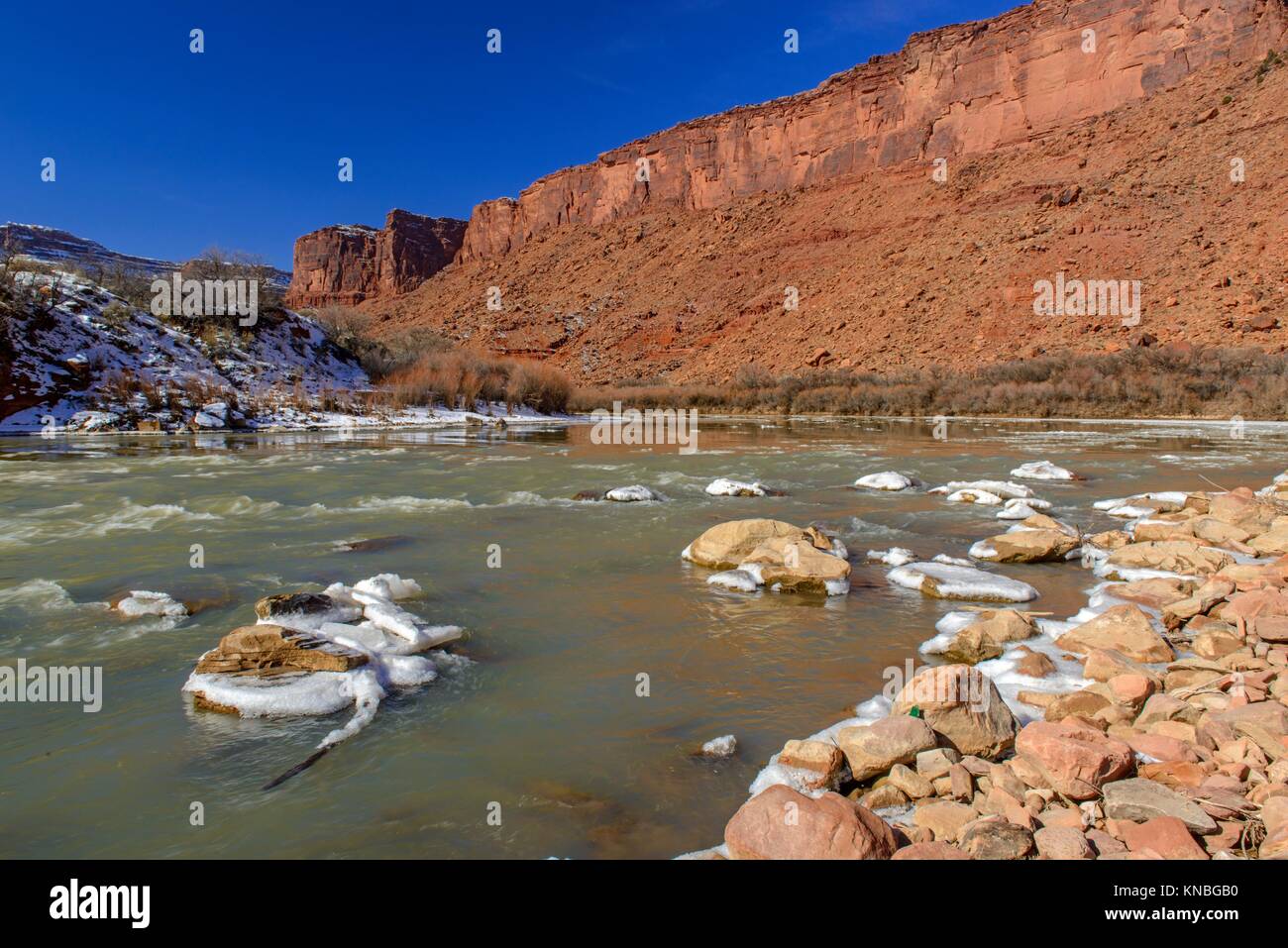 Colorado River in winter at Big bend, Colorado Riverway Recreational Area, Utah, USA. Stock Photo