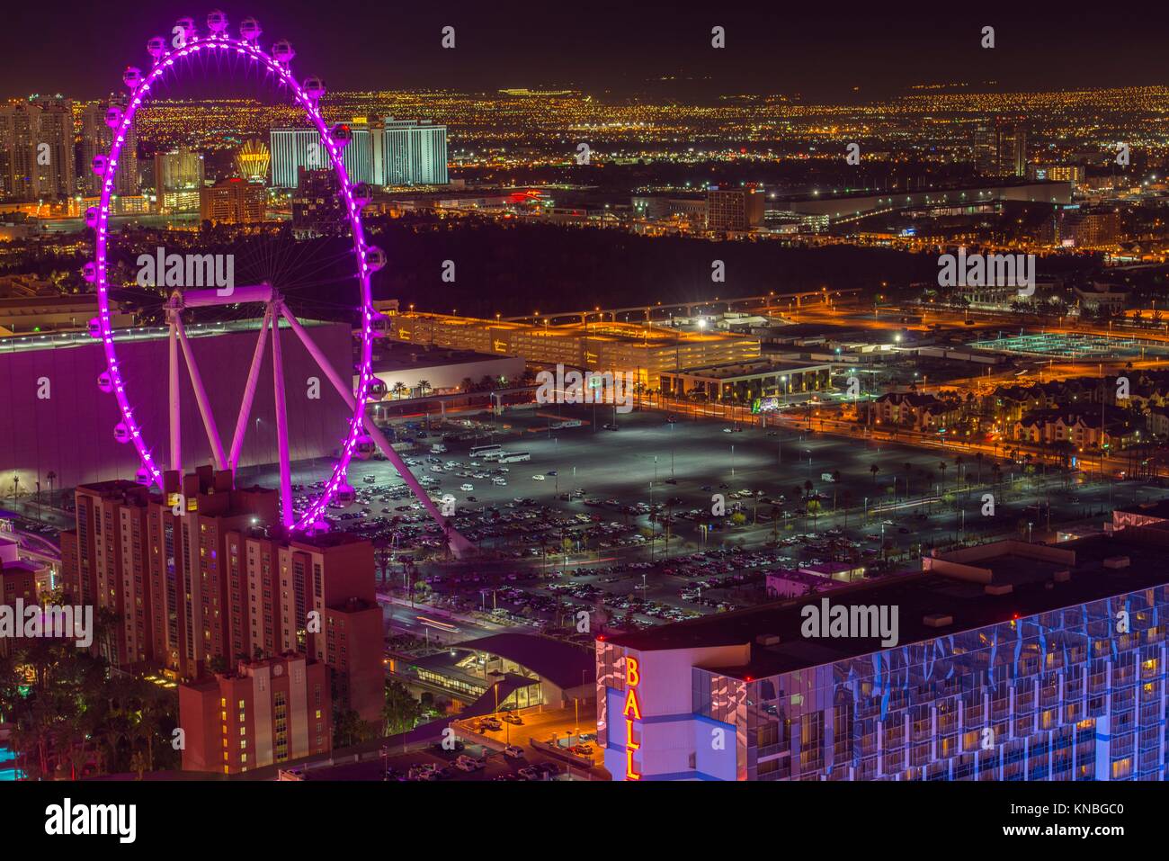 High Roller ferris wheel in Las Vegas at night from the Paris Casino resort hotel Eiffel Tower, Las Vegas, Nevada, USA. Stock Photo