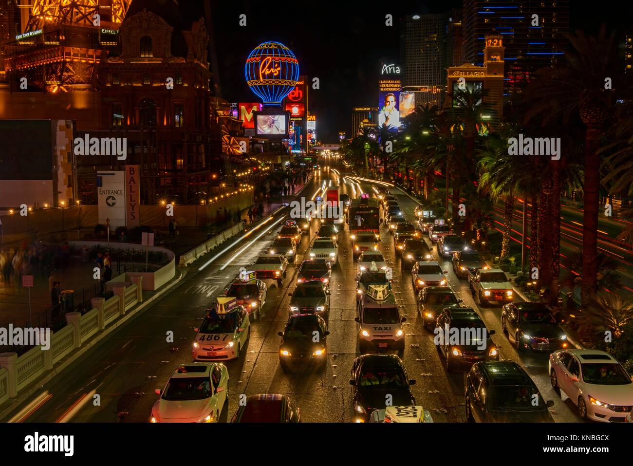 Traffic at night on the Strip (Las Vegas Boulevard), near Flamingo, Las Vegas, Nevada, USA. Stock Photo