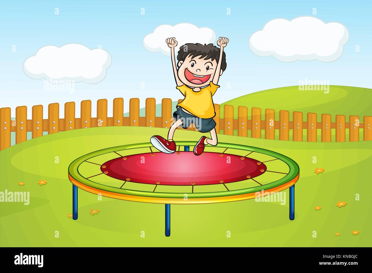 Illustration of a boy jumping on a trampoline in a beautiful nature Stock Vector