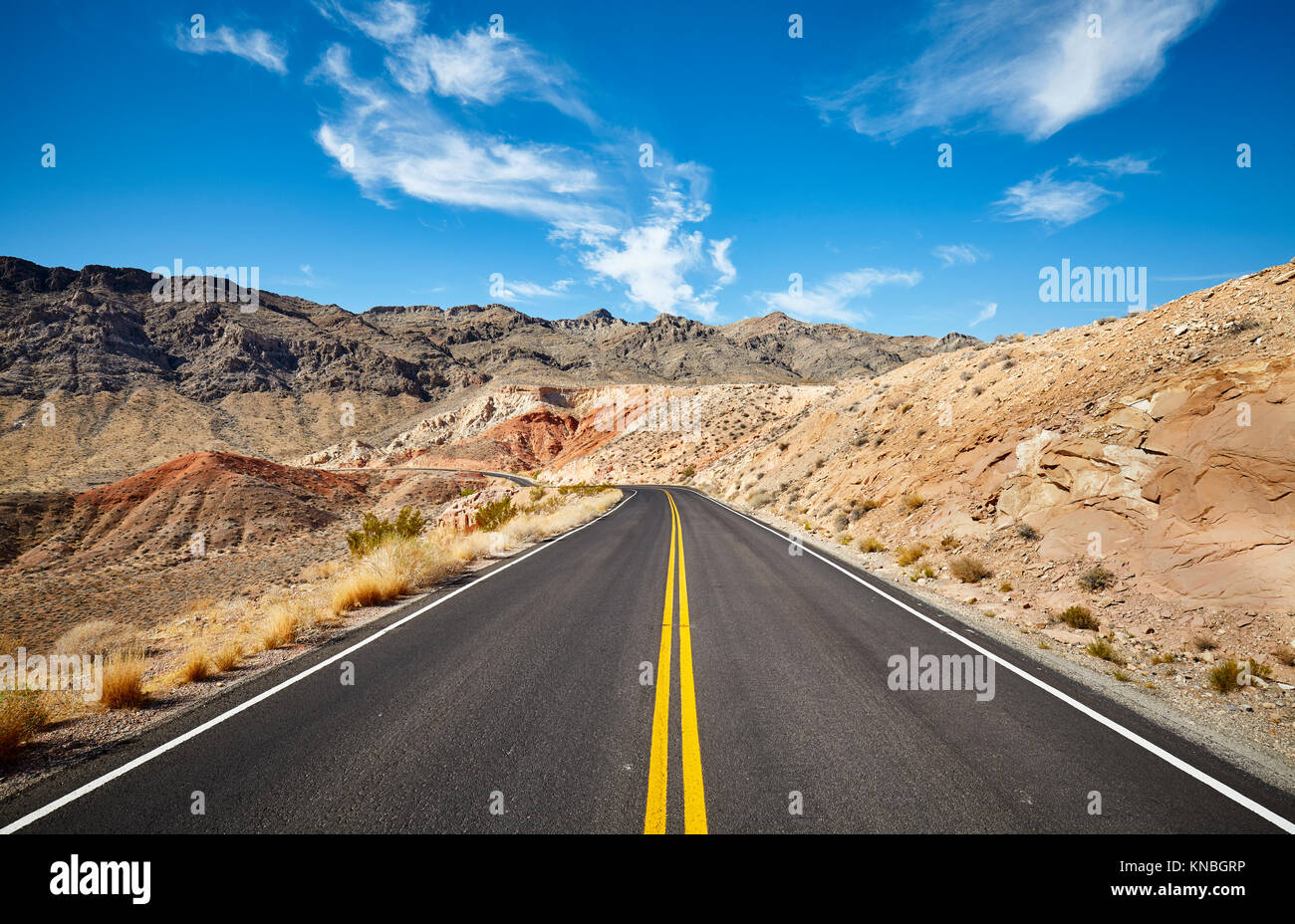 Scenic desert road, travel concept picture, Valley of Fire State Park, Nevada, USA. Stock Photo
