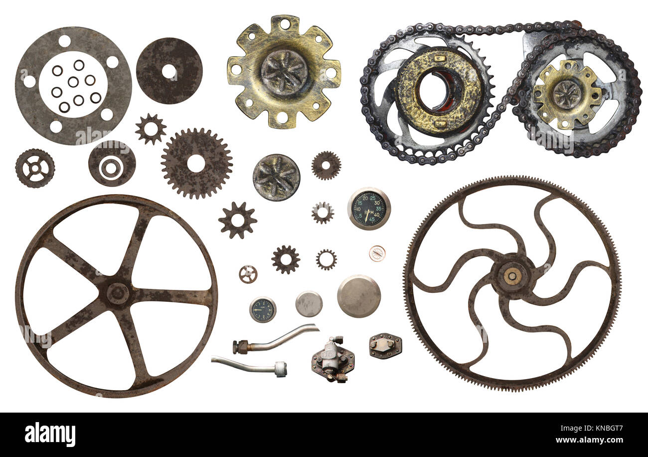 Collection of vintage machine gears. Set of retro gear wheels. Cogwheel isolated on white background. Can be used for steampunk and mechanical design Stock Photo