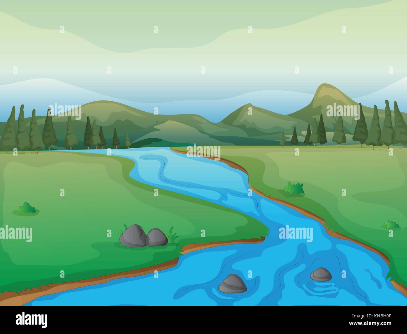 Illustration of a river, a forest and mountains Stock Vector Image ...