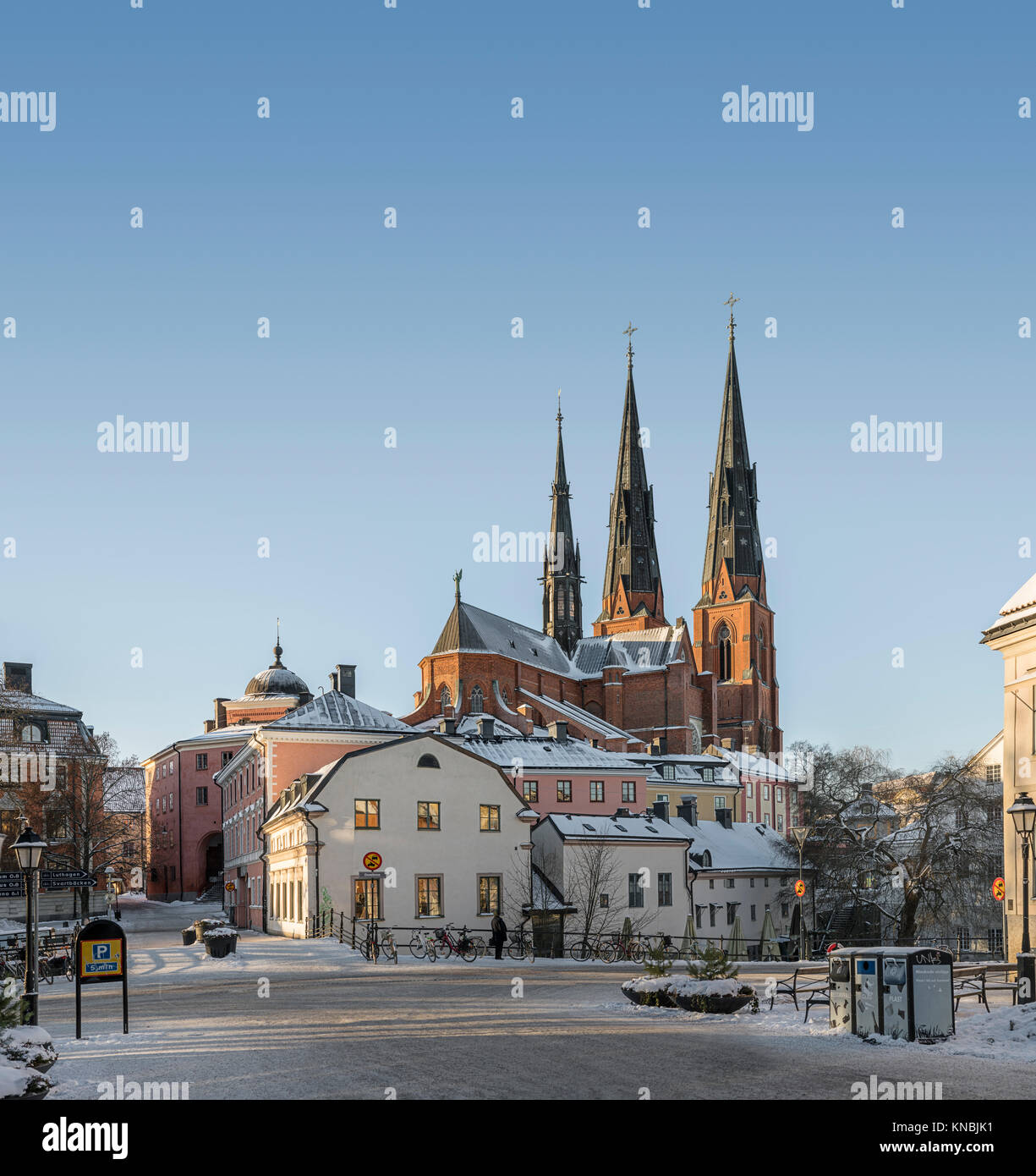Gamla Torget  / Old Square and the Cathedral / Domkyrkan, the bridge Dombron over the Fyris river Uppsala, Sweden, Scandinavia Stock Photo