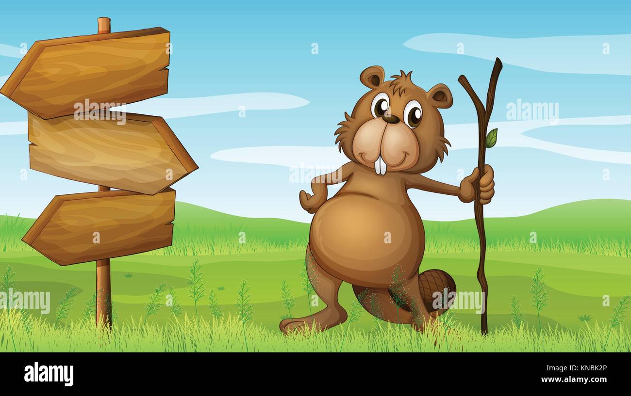 Illustration of a beaver holding a wood beside a wooden signboard Stock ...