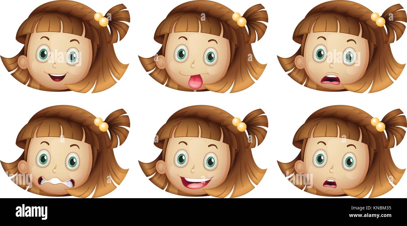 Illustration of the different facial expressions of a girl on a white background Stock Vector