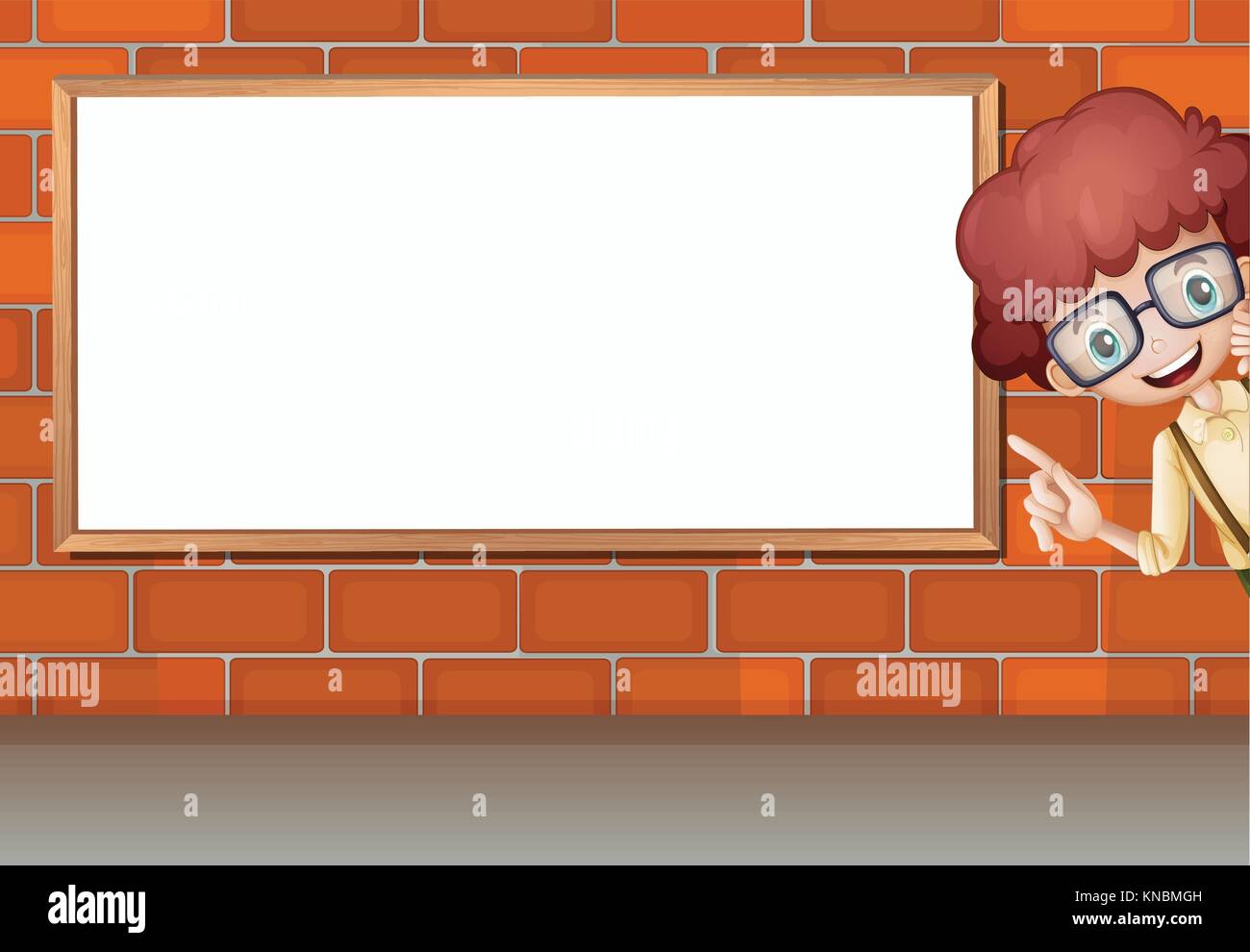 Illustration of a boy showing white board on brick wall Stock Vector ...