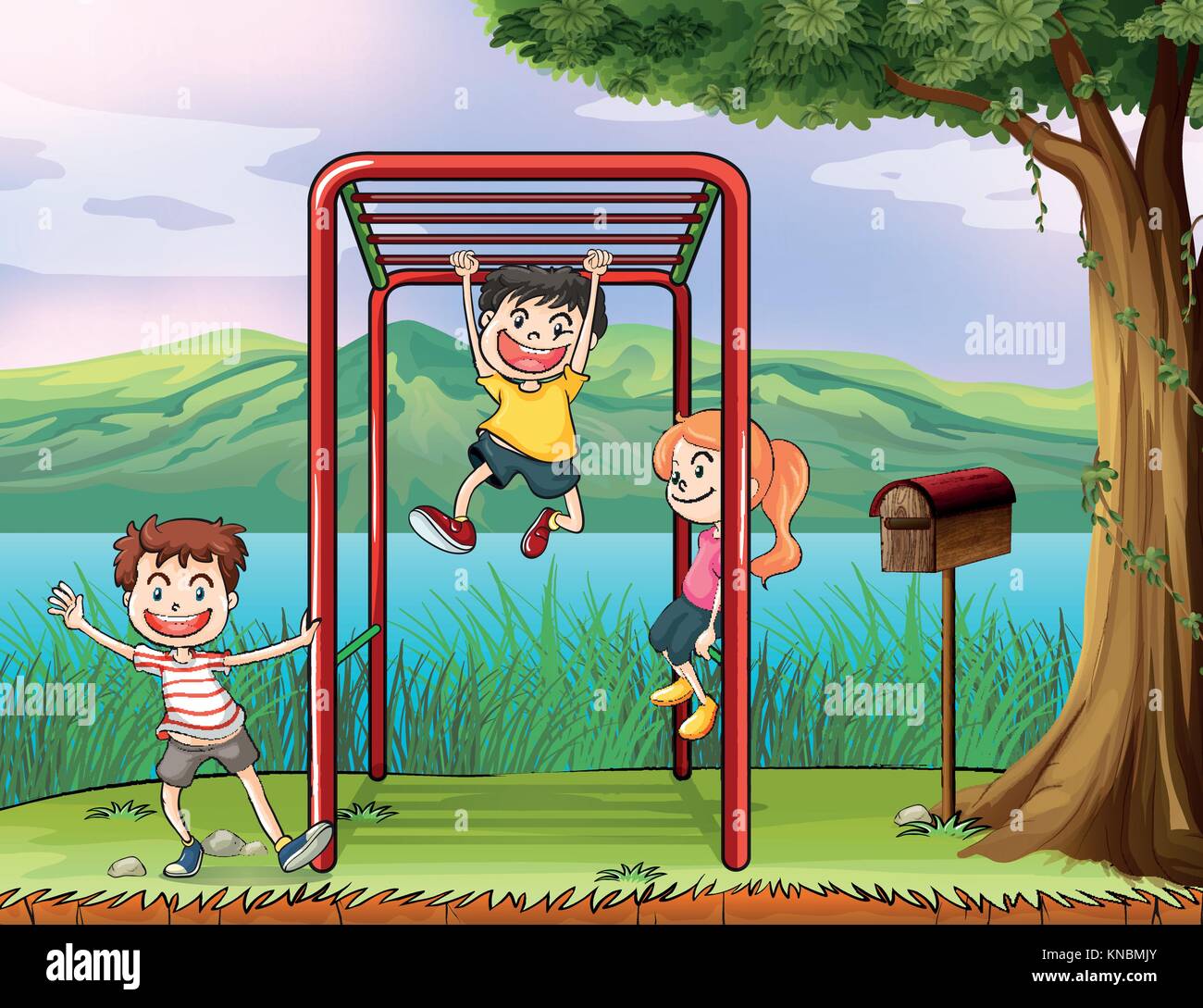 Illustration of kids playing monkey bar and a letter box Stock Vector