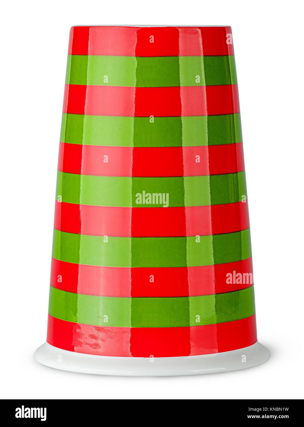 Red Cup Inverted Red and green striped cup without handle inverted isolated on white ...