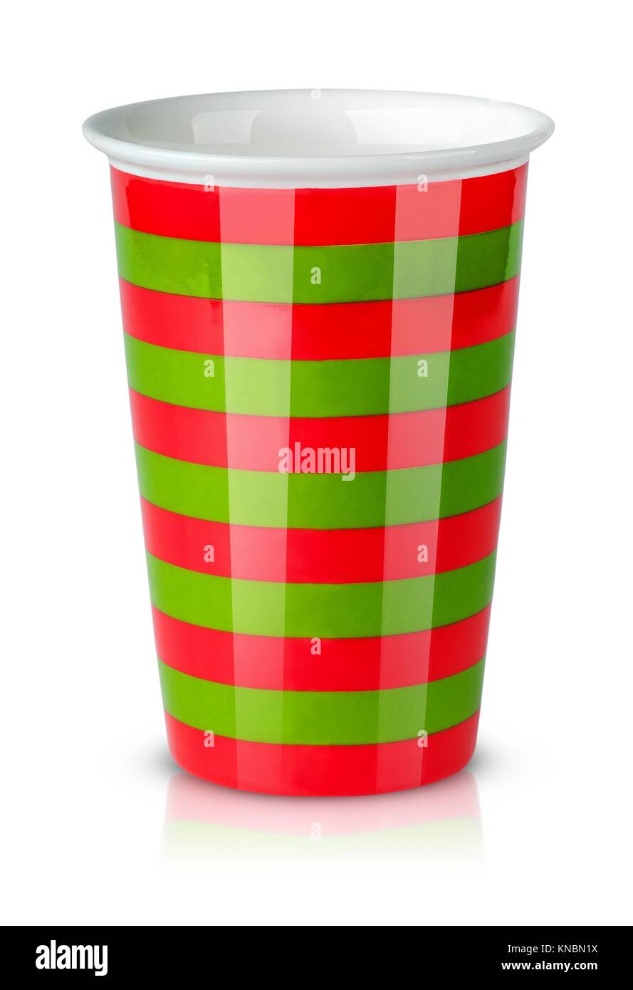 Red and green striped cup without handle isolated on white background