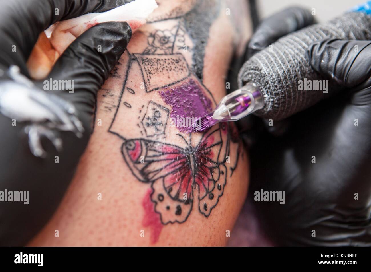 Tattoo artist applies tattoo to arm. She is filling with purple color the tattoo. Stock Photo