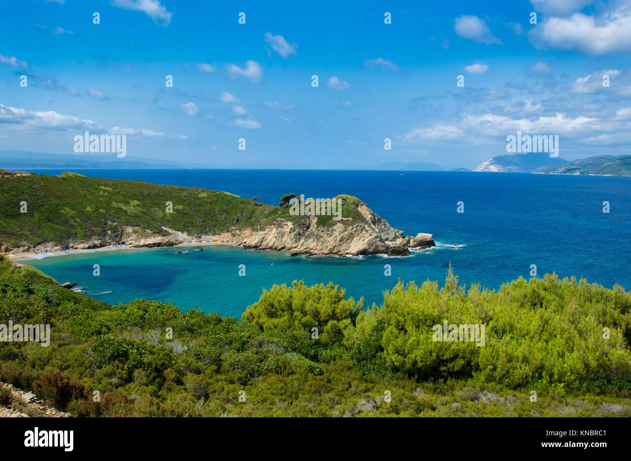 View from the top of the beach of Krifi Amos on the island of Skiathos Greece, the sea is green and turquoise surrounded by rich vegetation. Stock Photo