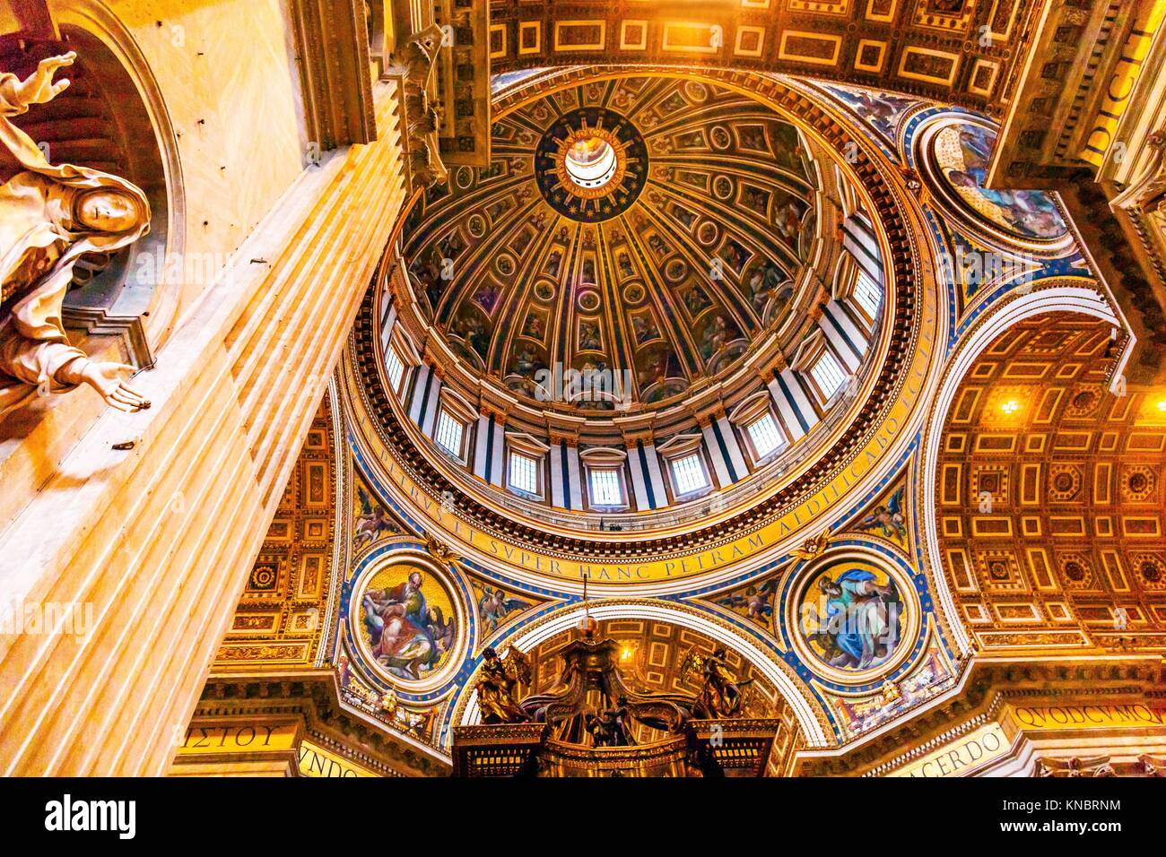 Mary Statue Michelangeolo Dome Saint Peter's Basilica Vatican Rome Italy. Dome built in 1600s over altar and St. Peter's tomb. Stock Photo