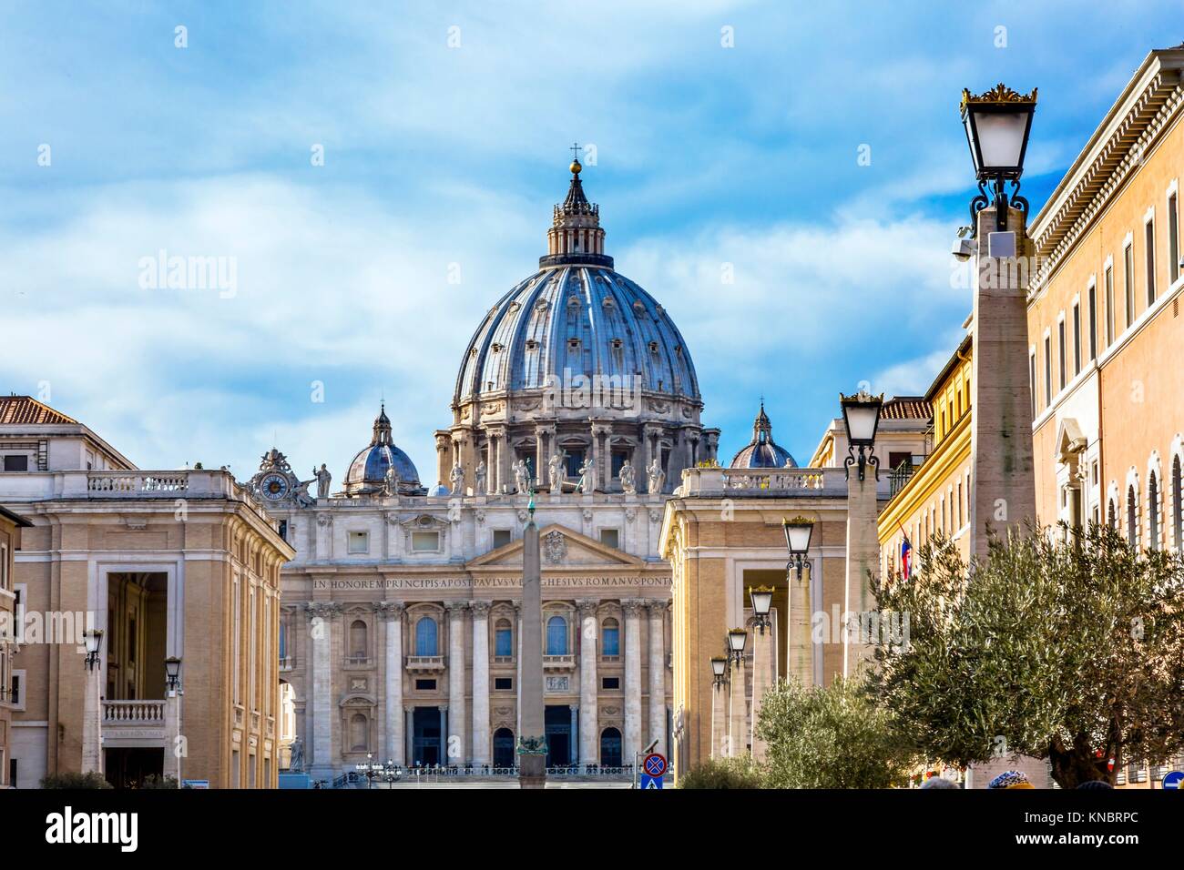 Saint Peter's Basilica Obelisk Front Michelangelo Dome Statues Bernini Vatican Front. Stock Photo