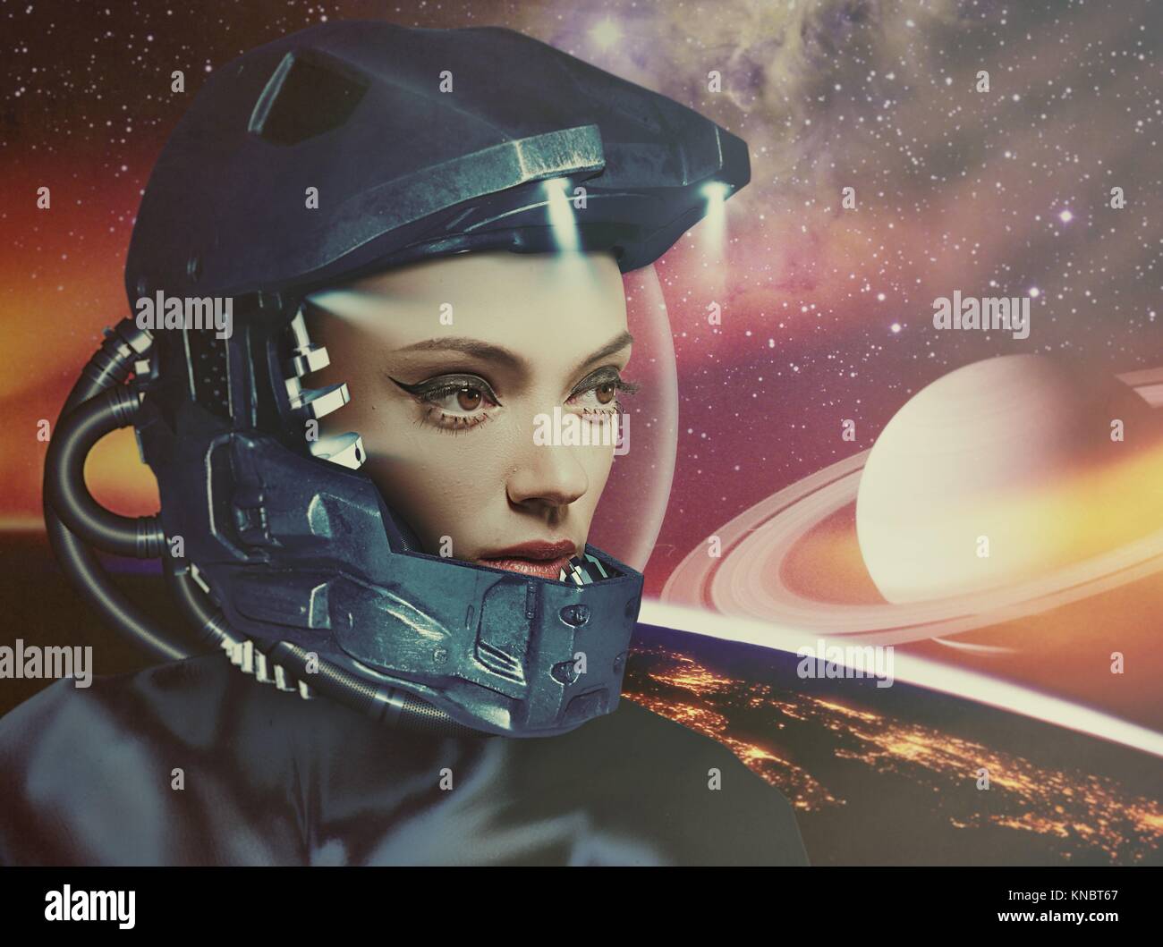 Science fiction, female portrait against fantastic skies. Stock Photo