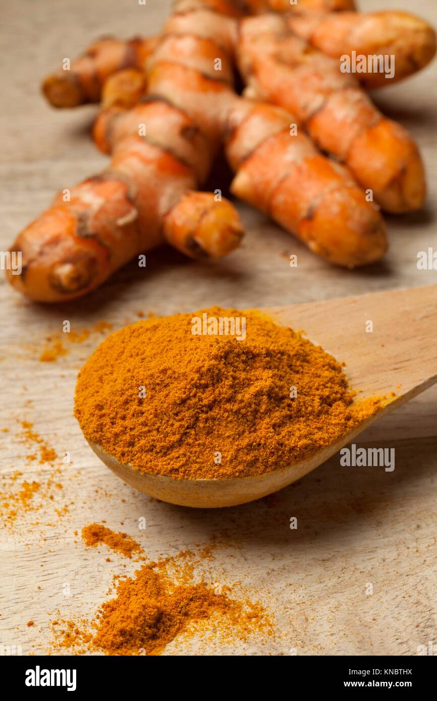 Spoonful turmeric powder with a fresh root at the background. Stock Photo