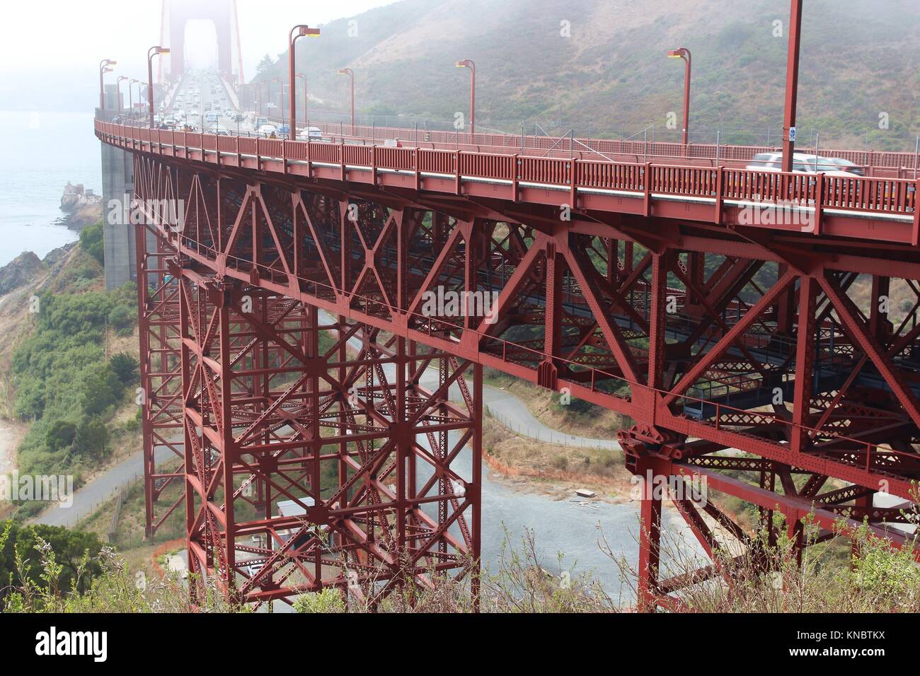 The Golden Gate Bridge from Vista Point, Marin County, Sausalito, California, USA, on a foggy day. Stock Photo