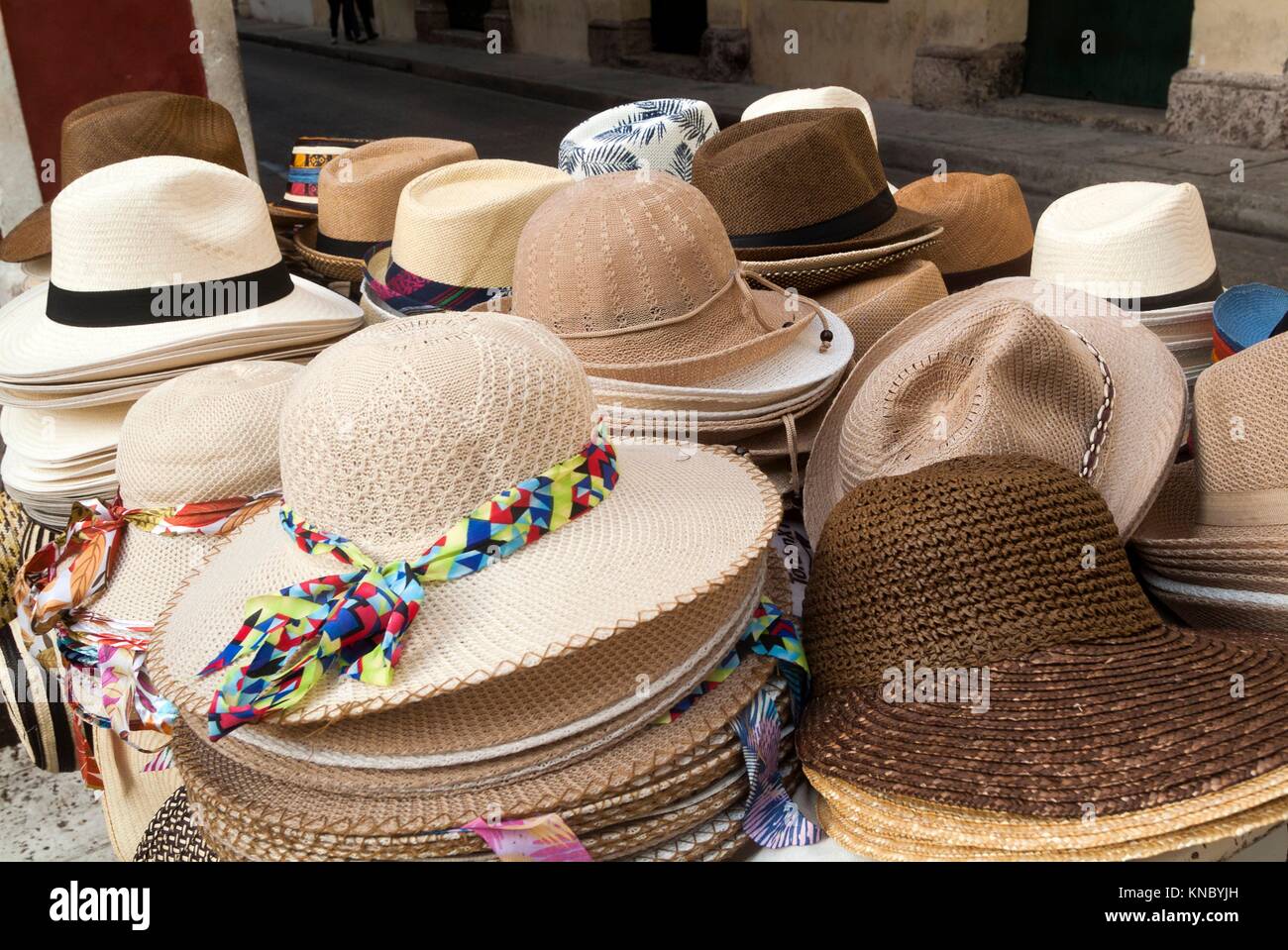 Hat for sale in the street in the historic old city, Cartagena, Colombia,  South America Stock Photo - Alamy