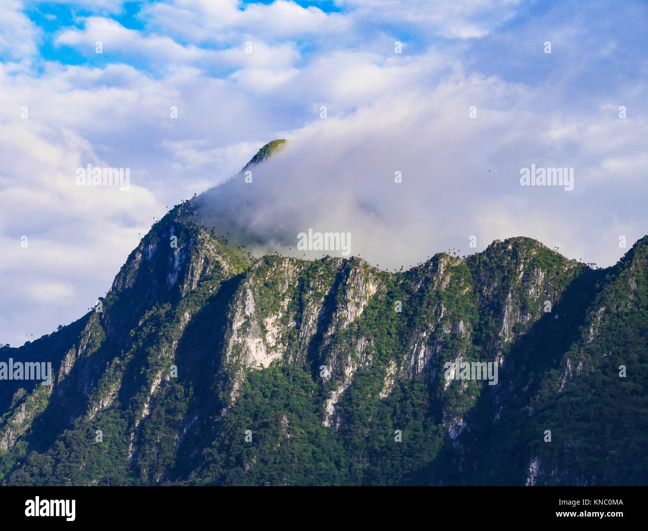 the peak of high mountain coverd with beautiful mist and cloudy blue ...
