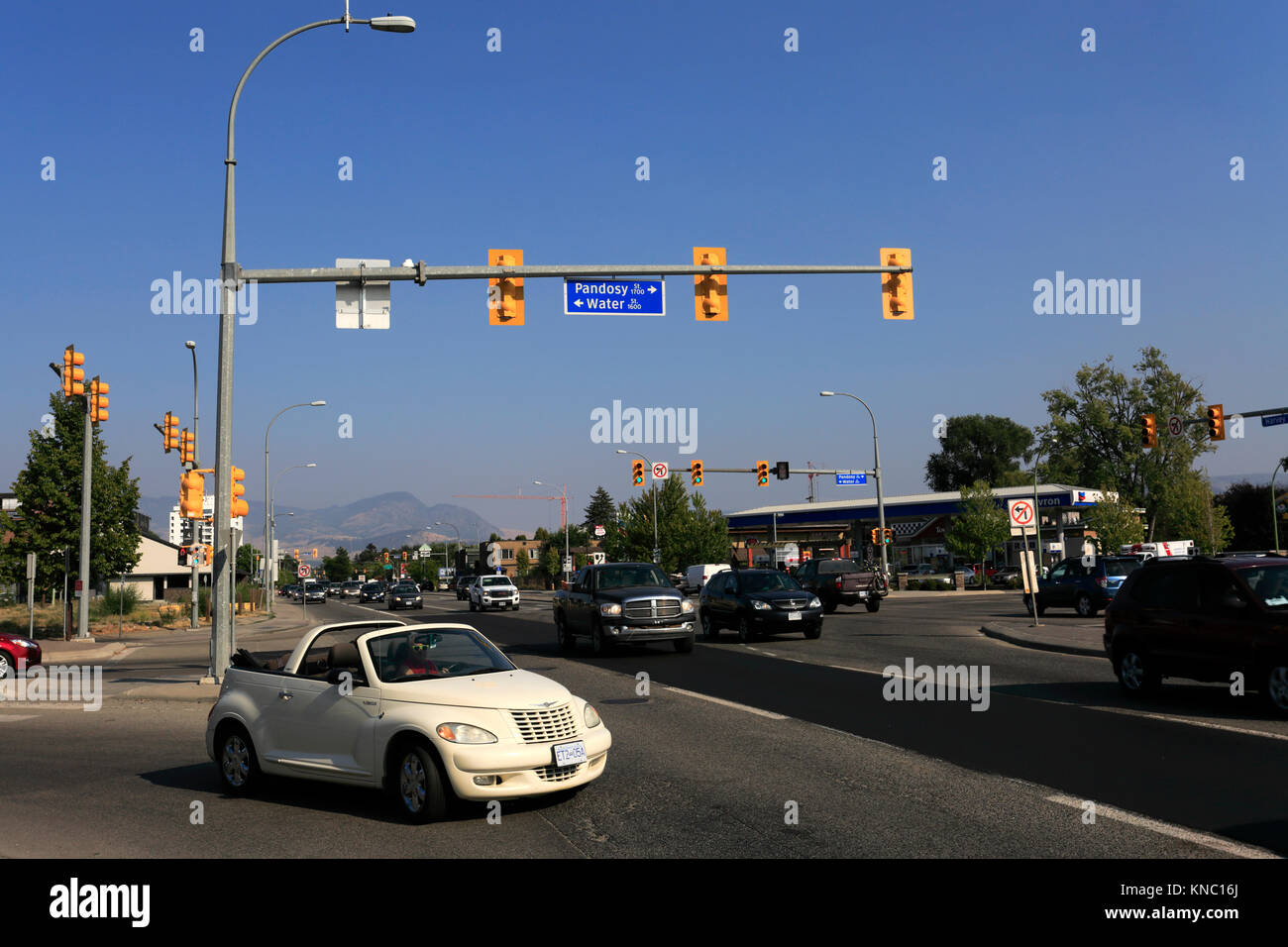 Traffic on Harvey Highway 97, Kelowna City, Okanagan Lake, British