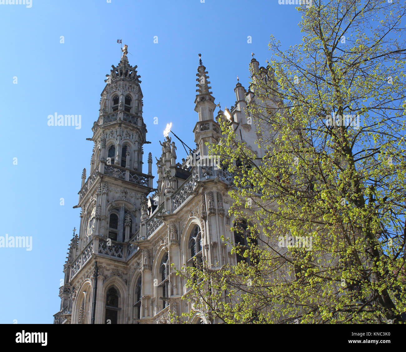 The beautiful 14th century, late gothic style Oudenaarde Town Hall, in East Flanders in Belgium. Against a background of blue sky in the spring. Stock Photo