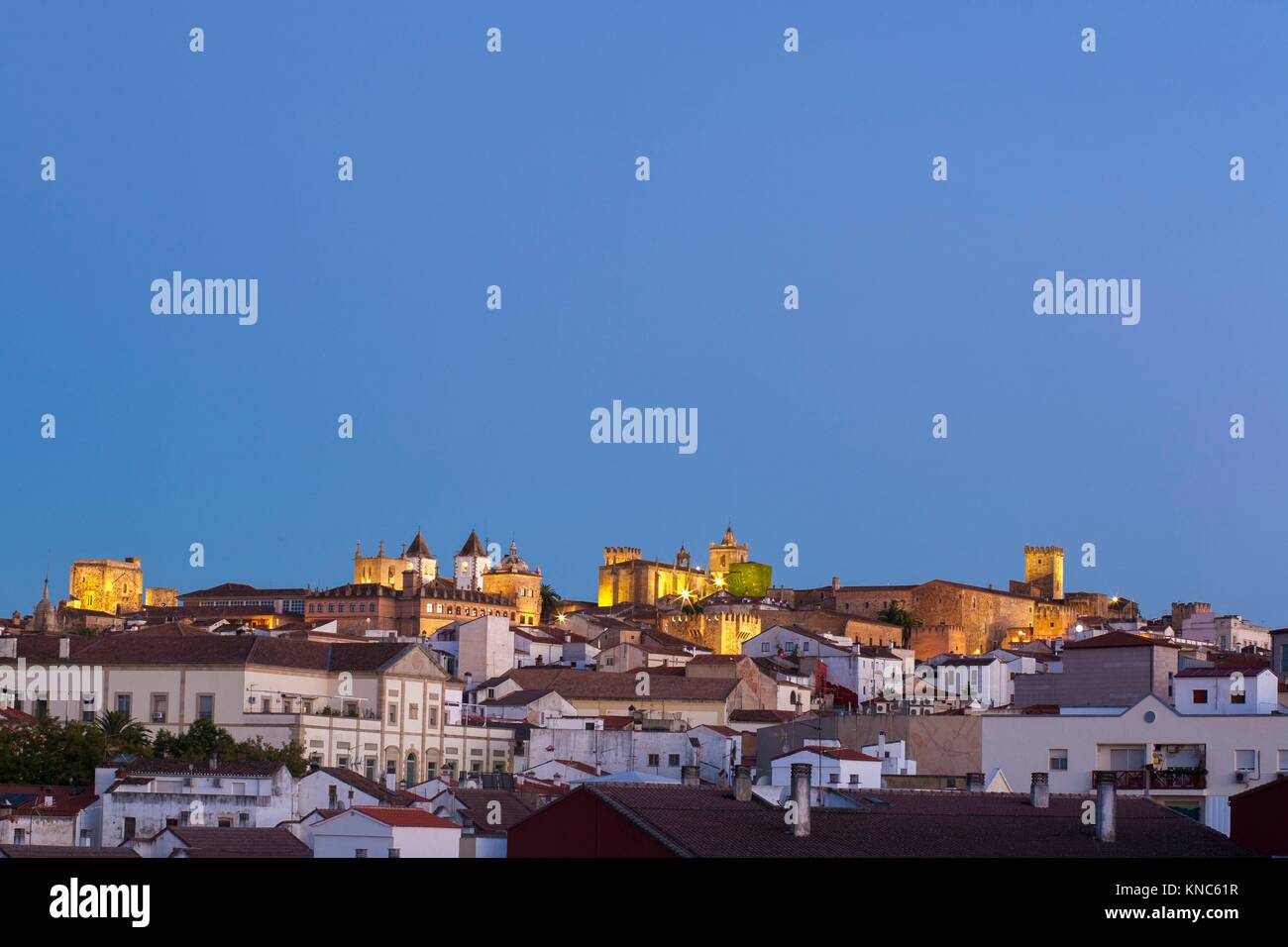 Caceres historic quarter taken from outskirts. Sunset. Stock Photo