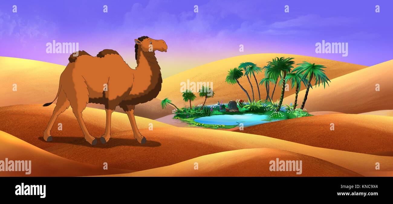 Download Bactrian Camel in Desert Oasis. Digital painting full color Stock Photo: 168072300 - Alamy