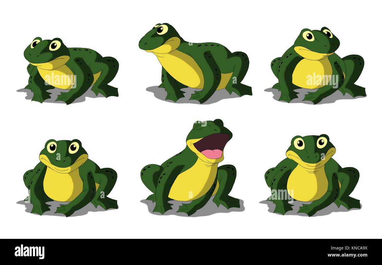 Set of green frogs separate images. Digital painting full color cartoon style illustration isolated on white background. Stock Photo