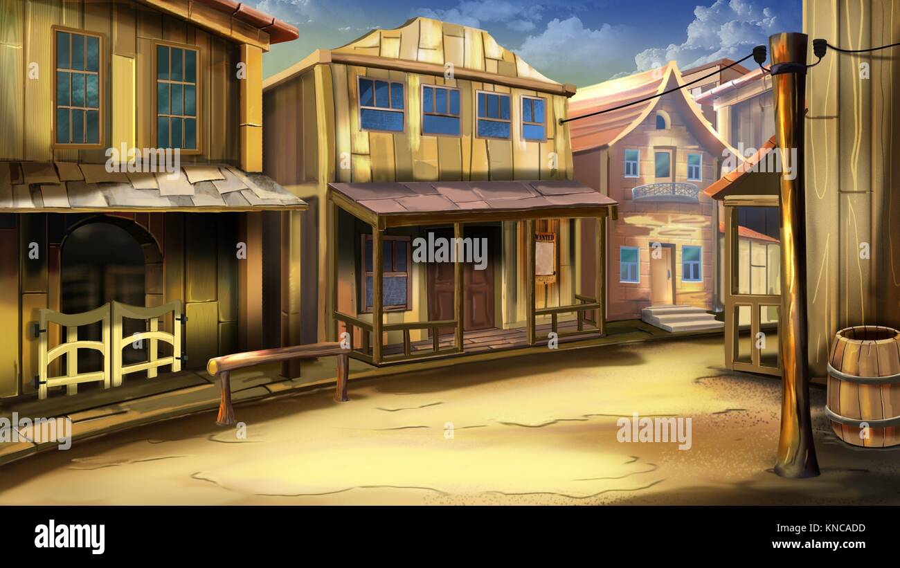 Digital painting of the main street of the town in the Wild West with